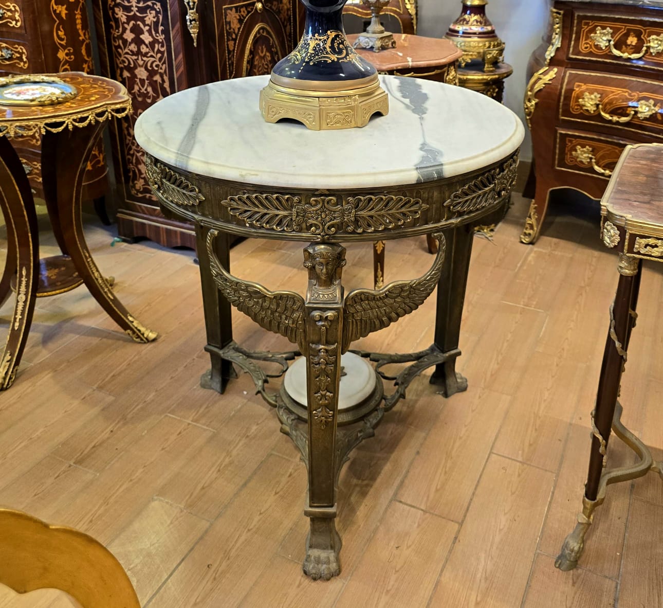Neoclassical Marble Top Center Table with Bronze & Gold Leaf Details