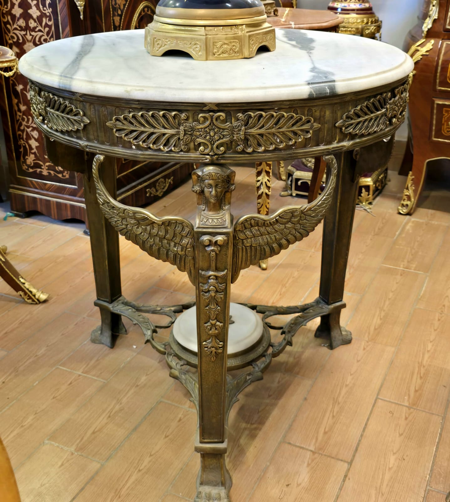 Neoclassical Marble Top Center Table with Bronze & Gold Leaf Details