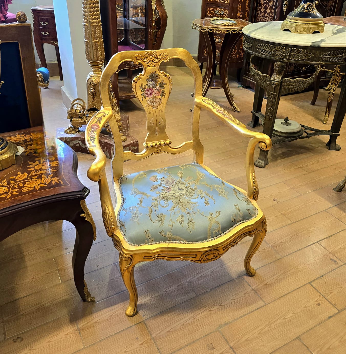 Rococo Gold Leaf Armchair with Hand-Painted Details & Blue Damask Seat