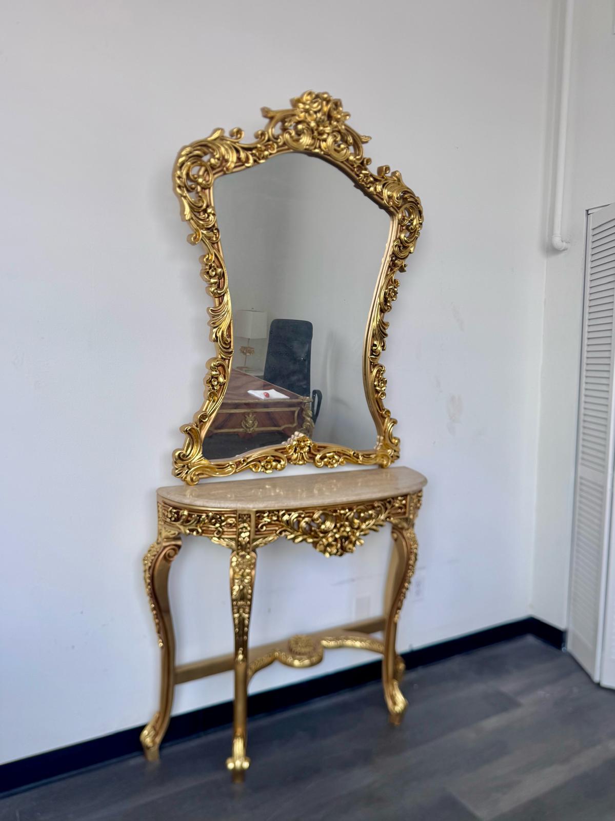 Grand French Rococo Gold Leaf Console Table with Ornate Mirror & Light Marble Top – Luxury Entryway Set