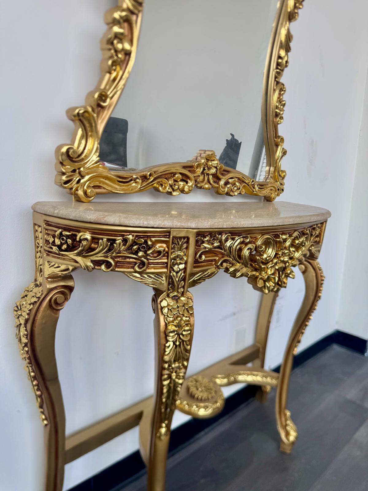 Grand French Rococo Gold Leaf Console Table with Ornate Mirror & Light Marble Top – Luxury Entryway Set
