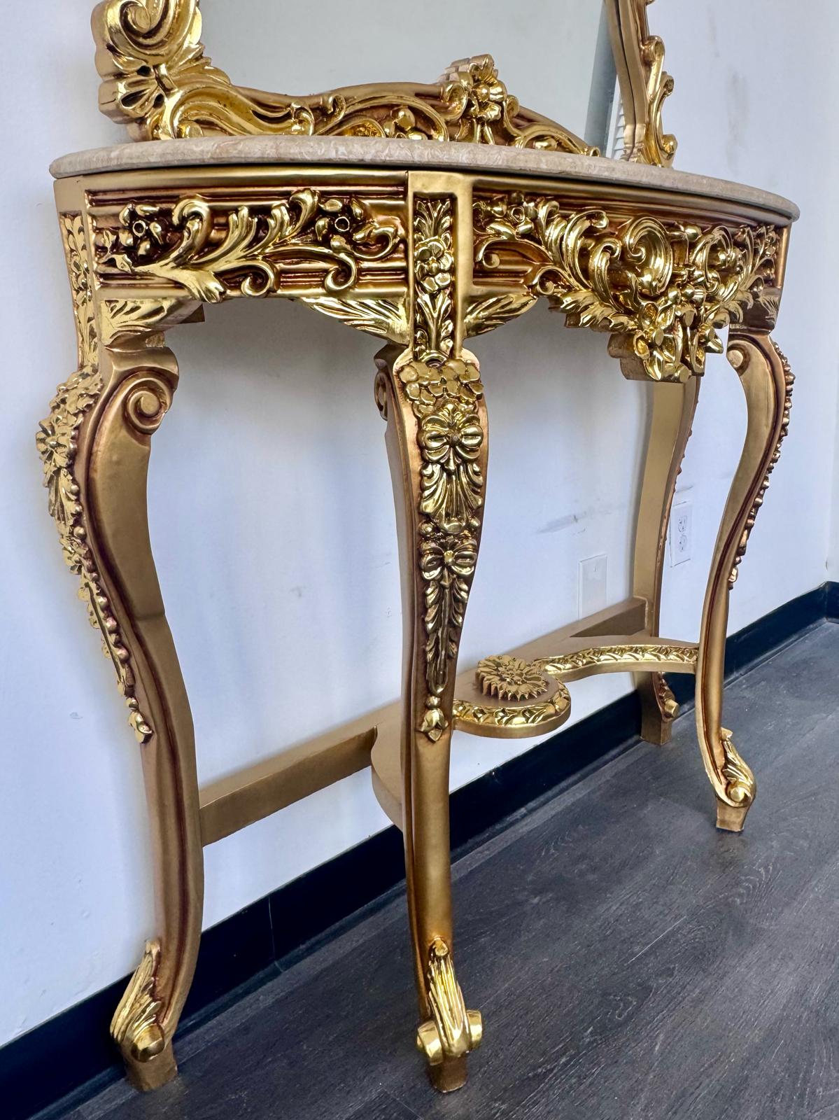 Grand French Rococo Gold Leaf Console Table with Ornate Mirror & Light Marble Top – Luxury Entryway Set