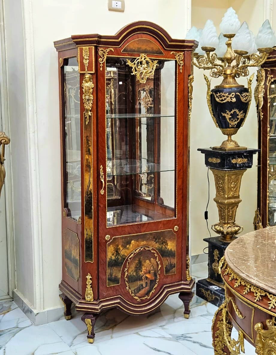 French Hand-Painted Curio Cabinet with Glass Panels, Gold Leaf Accents & Scenic Artwork