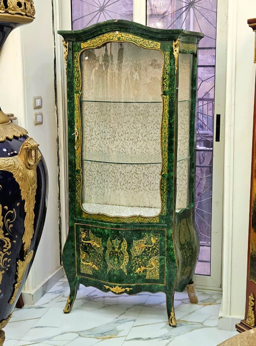 Emerald Green Curio Cabinet with Gold Leaf Accents, Glass Display Shelves & Bombe Base