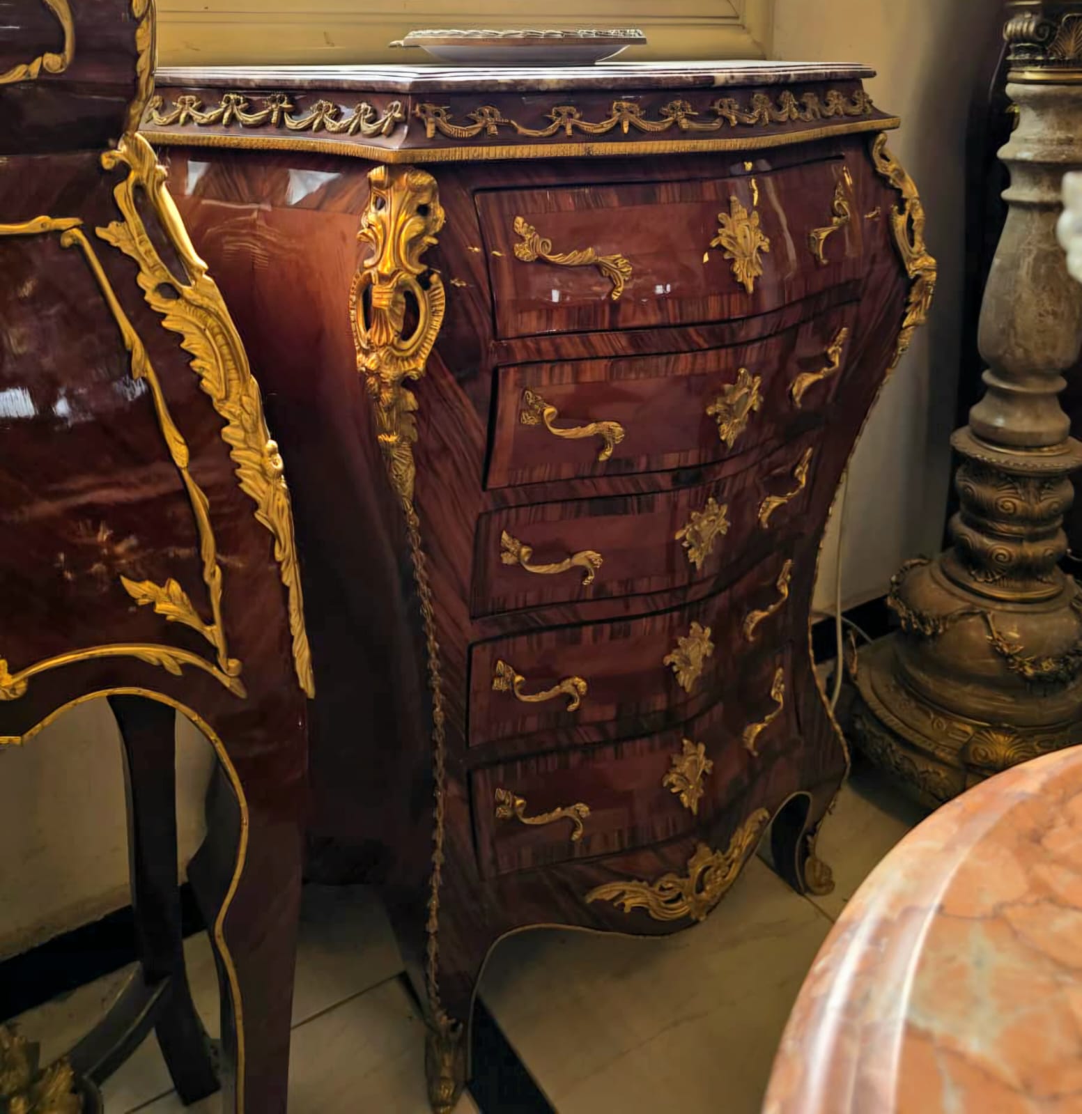 French Bombe Lingerie Chest with Marble Top, Gold Leaf Accents & Five Functional Drawers