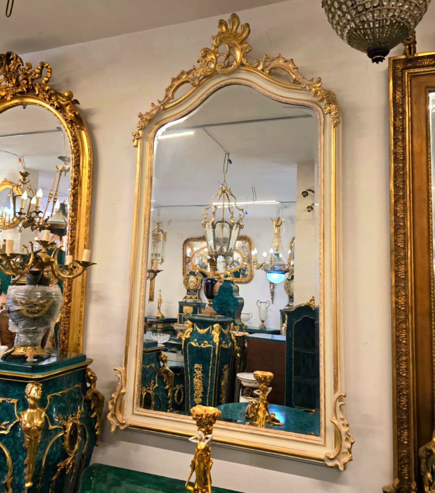 Grand French Louis XV Gold Leaf Wall Mirror with Ivory White Frame