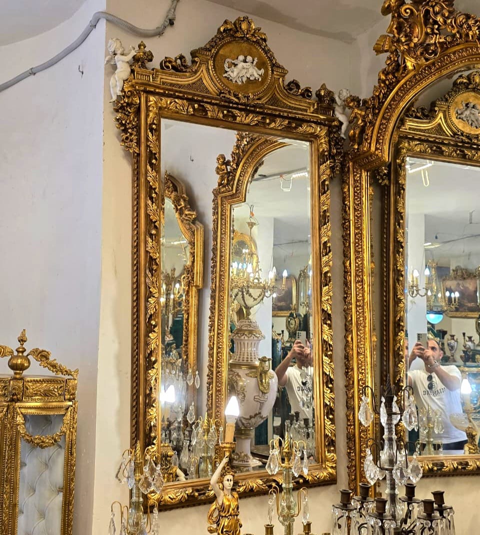 Grand Baroque Gold Leaf Mirror with Cherub Crest – Luxury French Statement Wall Mirror