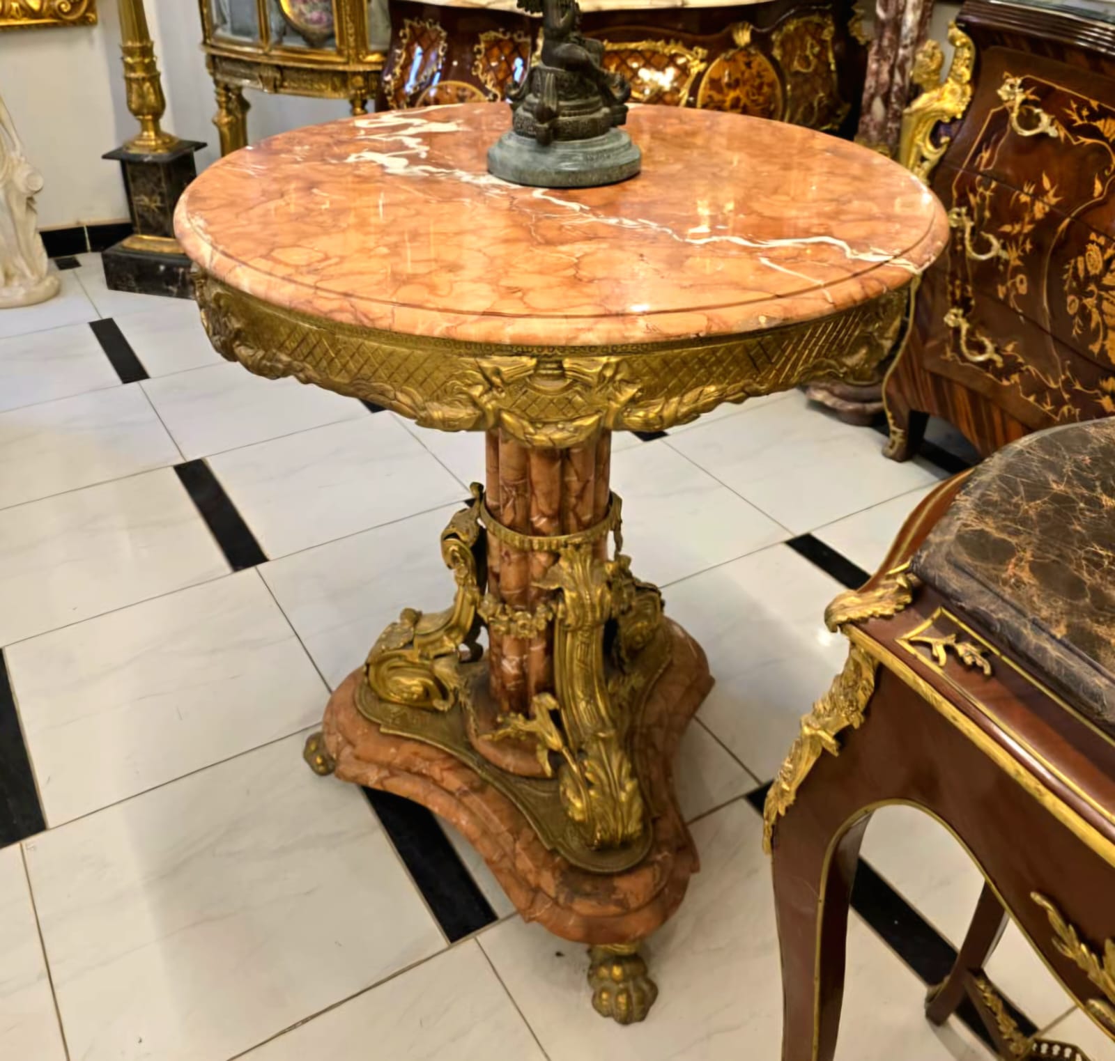 Luxury Pink Marble Side Table with Bronze & Gold Leaf Base – French Classical Accent Table