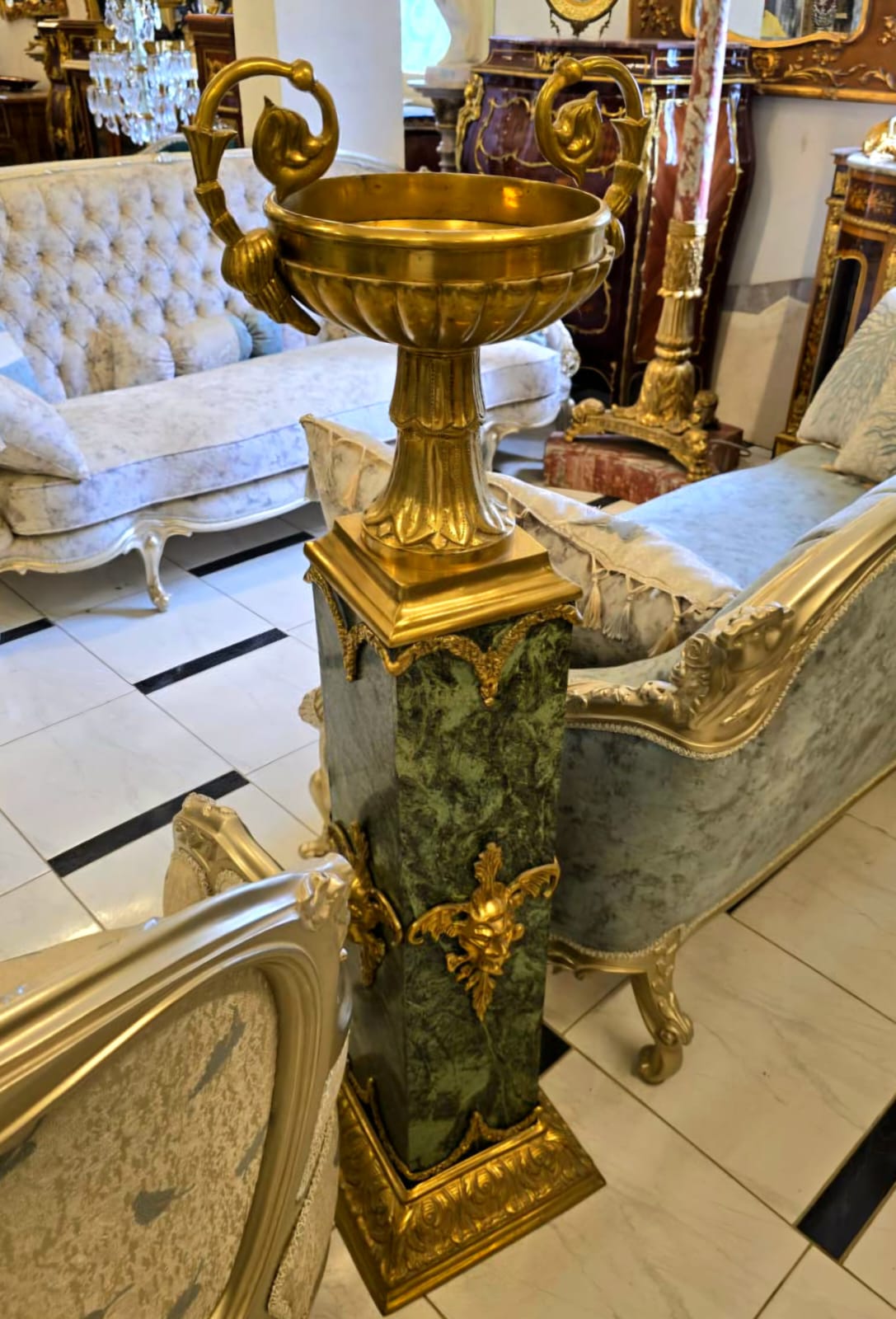 Luxury Marble & Bronze Pedestal Set with Decorative Vase – Gold Leaf Classical Statement Piece