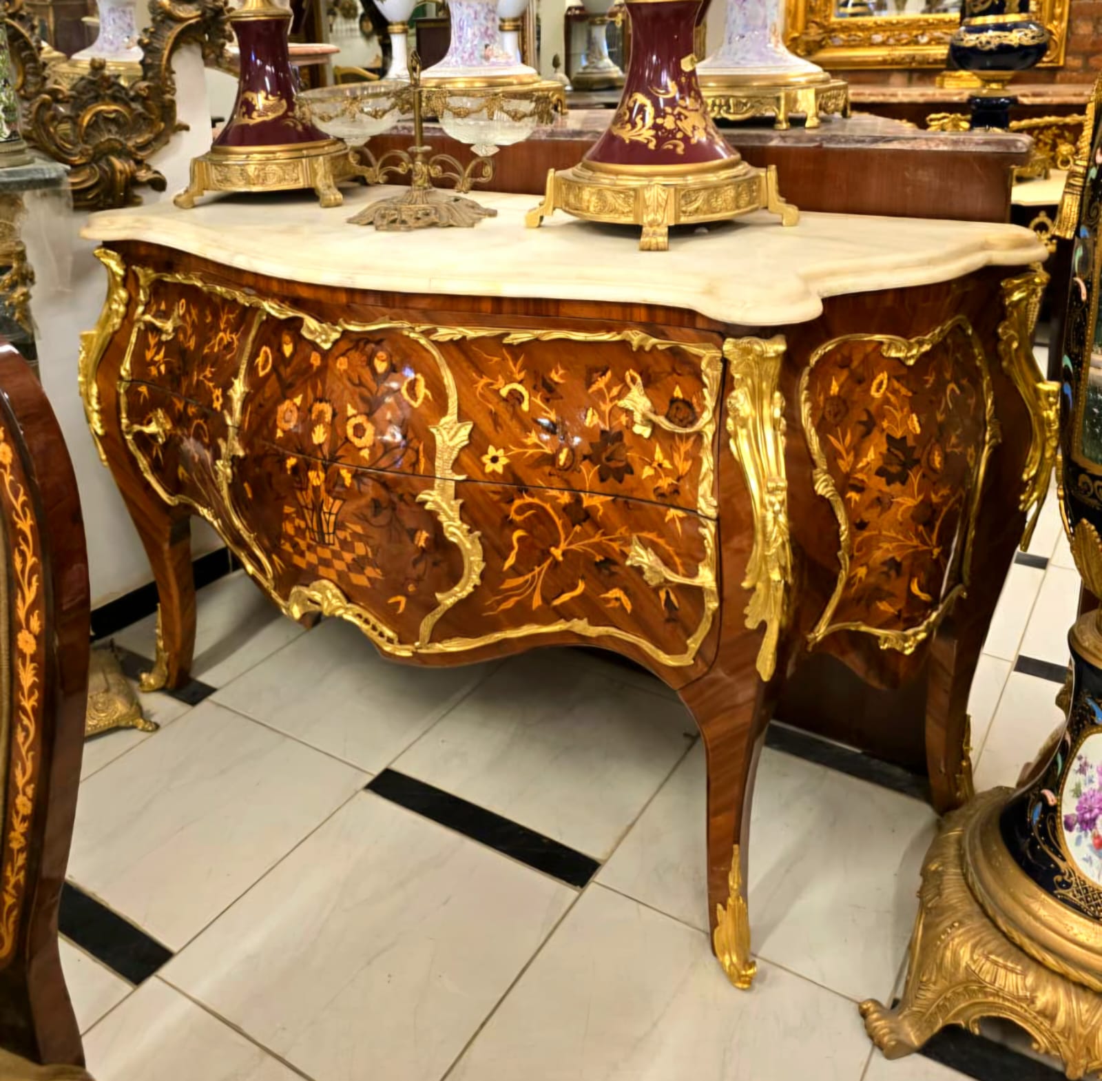 French Louis XV Bombe Commode with Marble Top, Floral Marquetry, Gold Leaf & Bronze Mounts