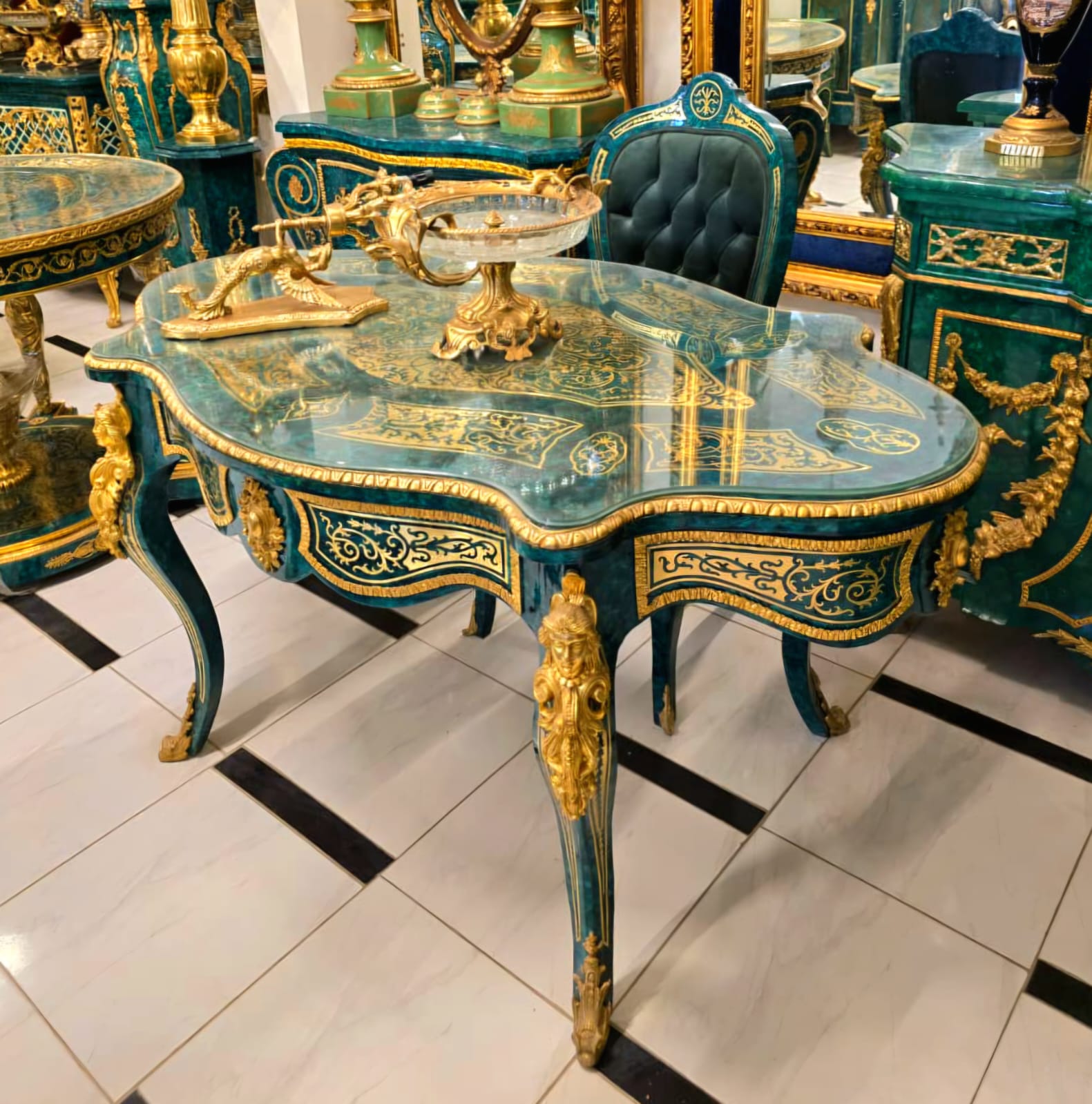 Monumental André Boulle Executive Desk & Dining Table with Glass Top, Gold Leaf & Bronze Details – Emerald Green French Palace Style