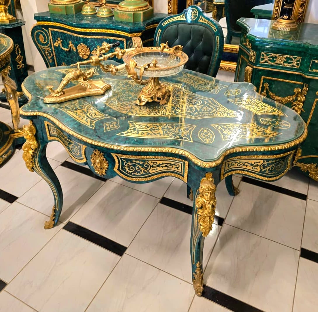 Monumental André Boulle Executive Desk & Dining Table with Glass Top, Gold Leaf & Bronze Details – Emerald Green French Palace Style