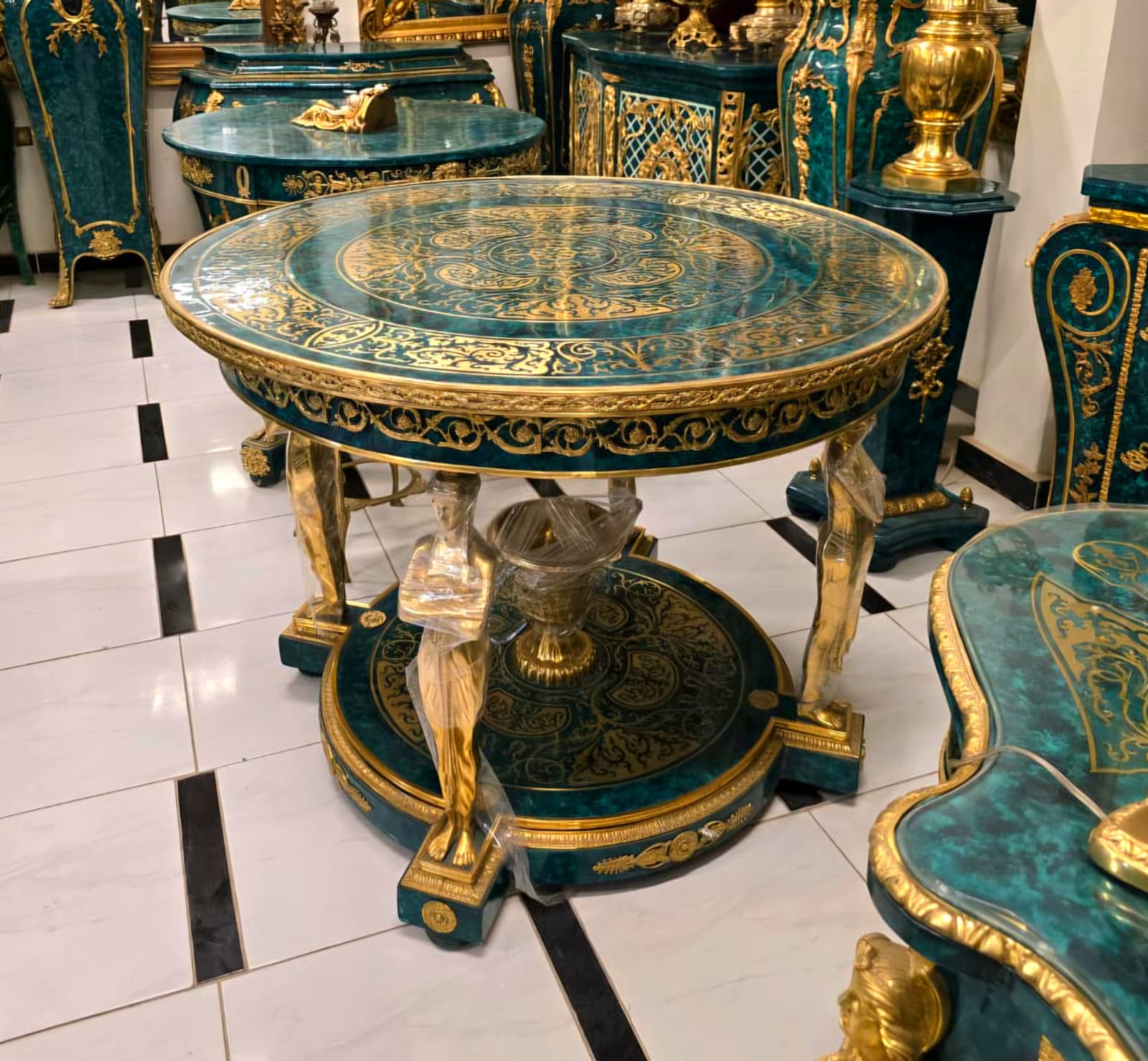 Monumental French Empire Center Table in Bottle Green with Gold Leaf, Bronze Caryatid Figures & Glass Top