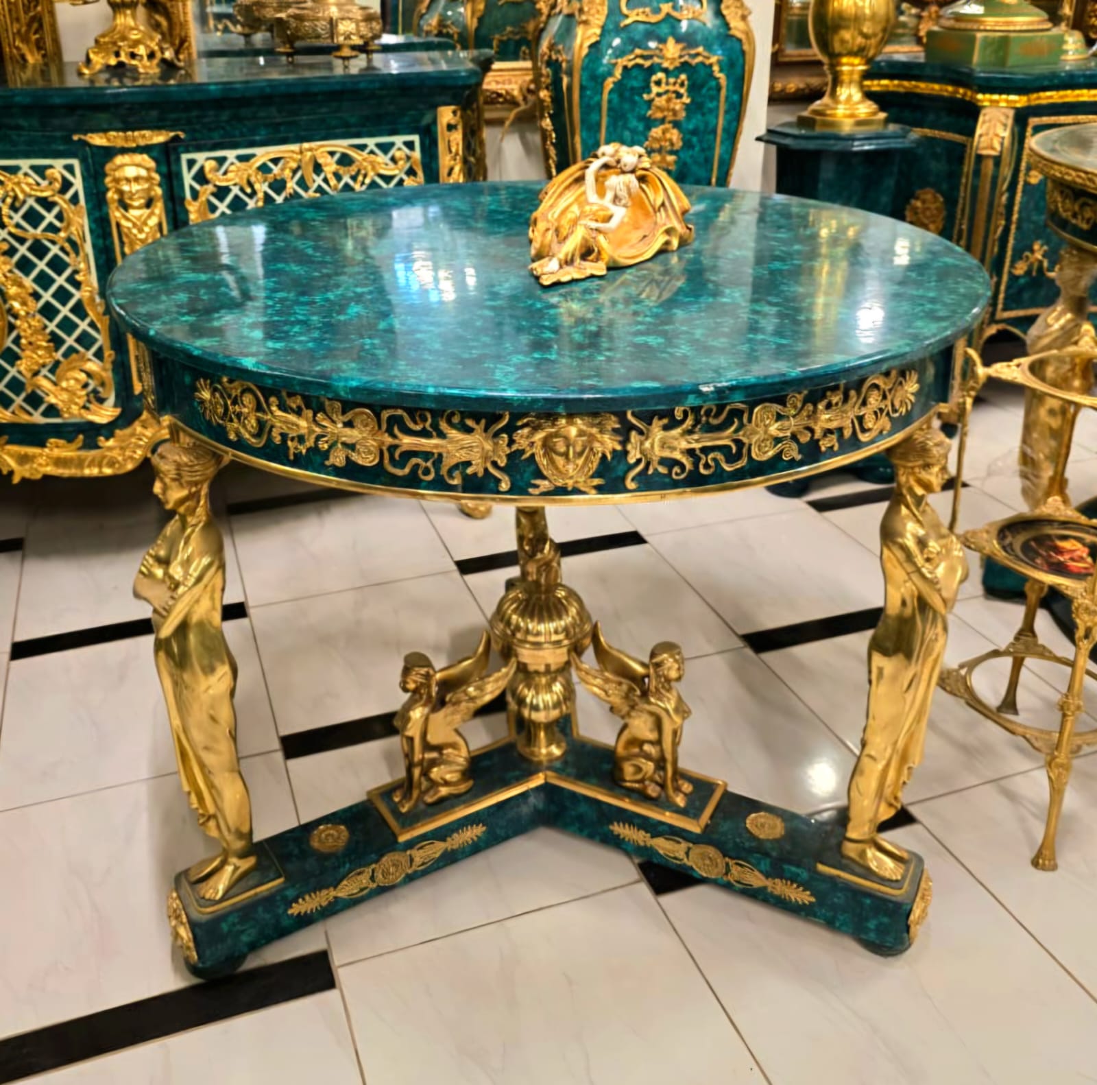 French Empire Bottle Green Center Table with Sculptural Bronze Figures & Gold Leaf Details