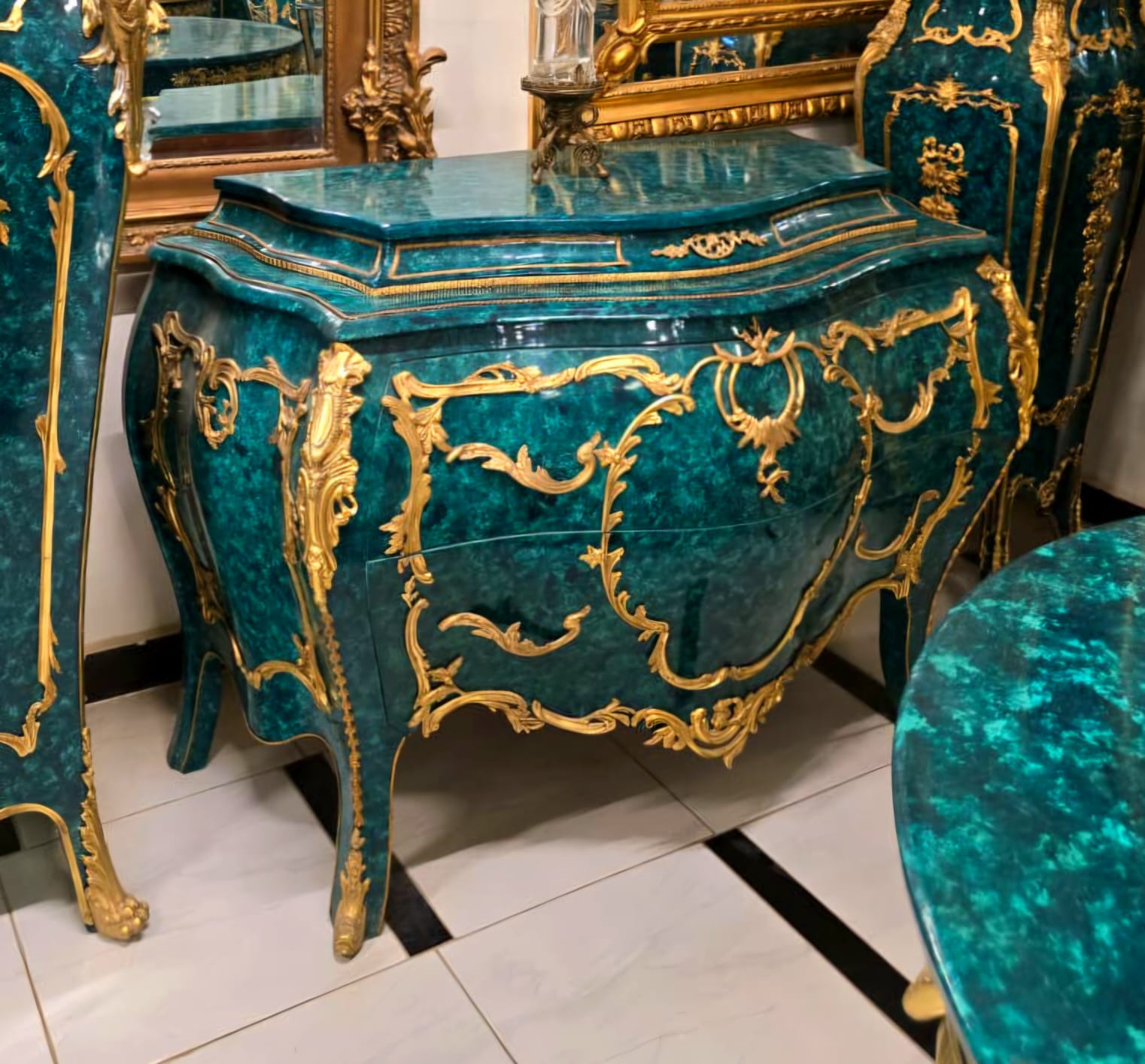 French Louis XV Bottle Green Bombe Commode with Bronze Ormolu & Gold Leaf Accents