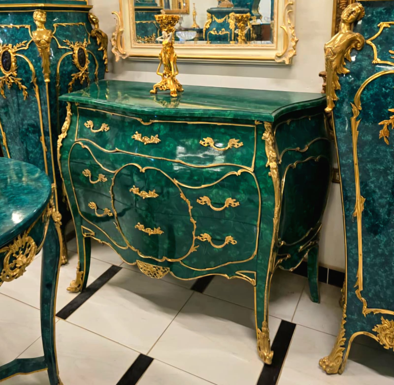 French Louis XV Bottle Green Bombe Commode with Gold Leaf Details & Bronze Ormolu