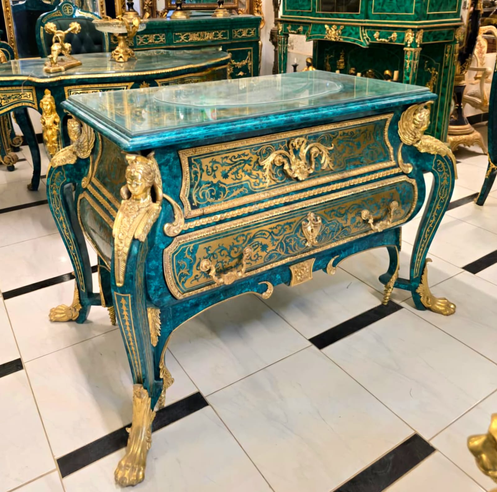 French Louis XV Bottle Green Commode with 2 Drawers, Glass Top, Gold Leaf & Bronze Ormolu