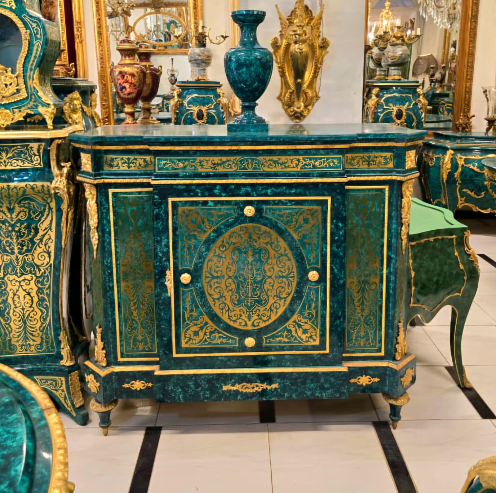 Grand French Louis XVI Bottle Green Commode Cabinet with Lock, Gold Leaf & Bronze Ormolu