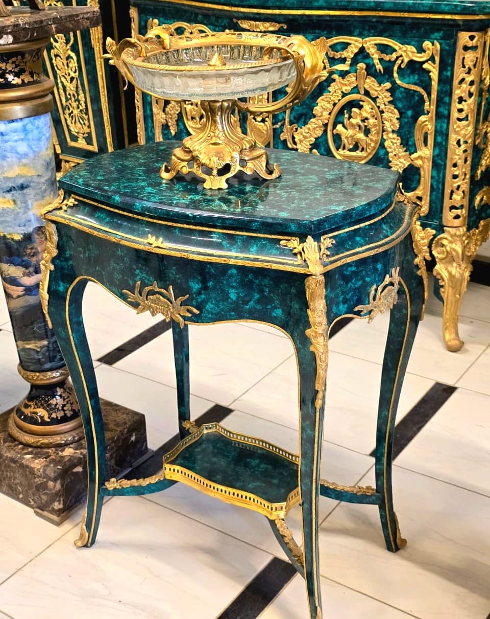 French Louis XV Bottle Green Side Table with Gold Leaf & Bronze Ormolu Accents