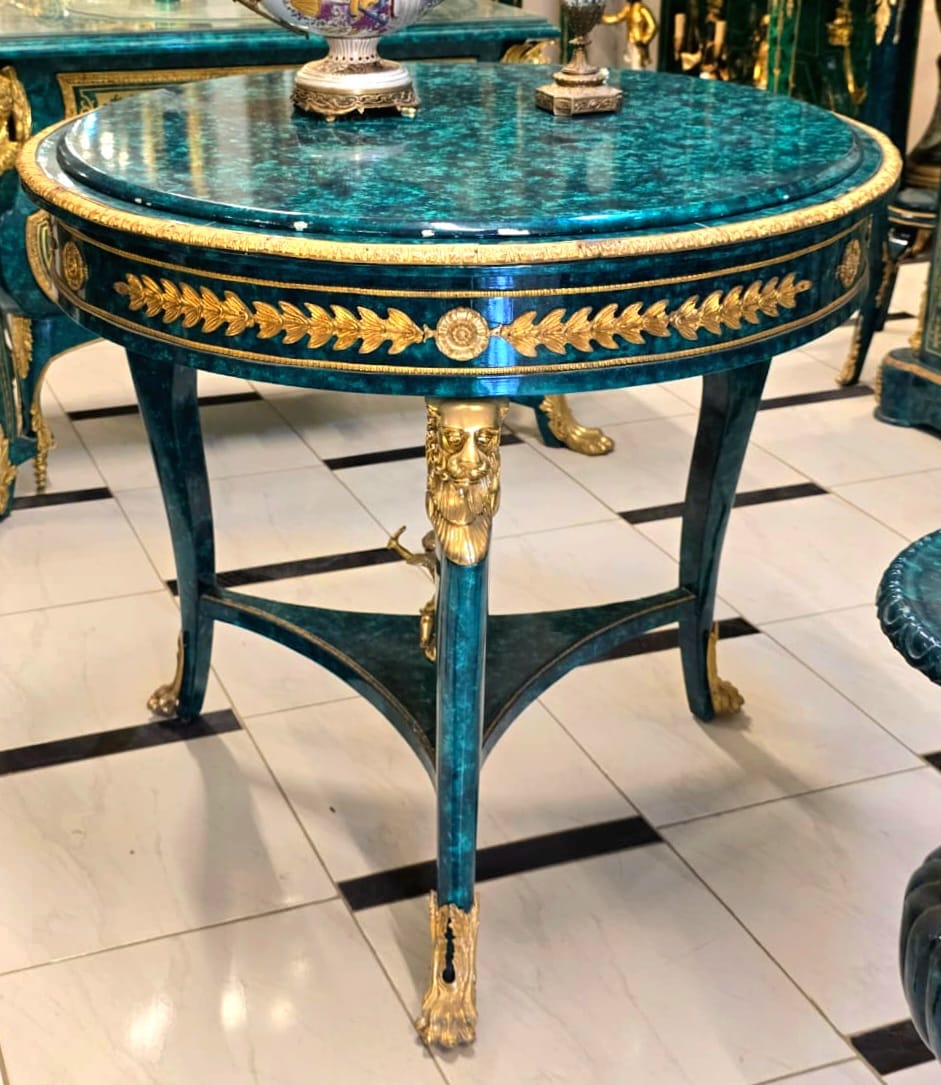 Grand French Louis XV Bottle Green Center Table with Gold Leaf & Bronze Ormolu Details