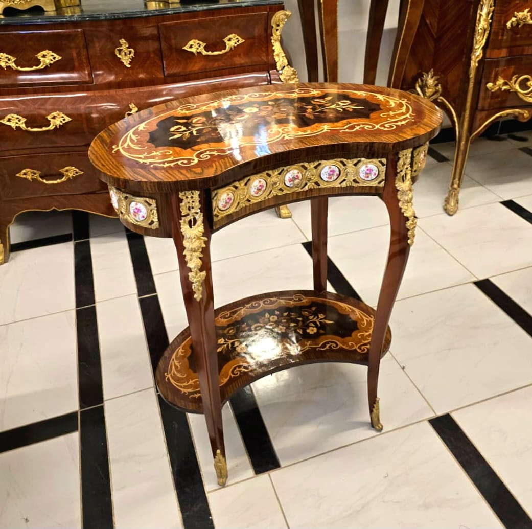 Romantic French Louis XV Floral Marquetry Side Table with Gold Leaf & Bronze Ormolu Accents