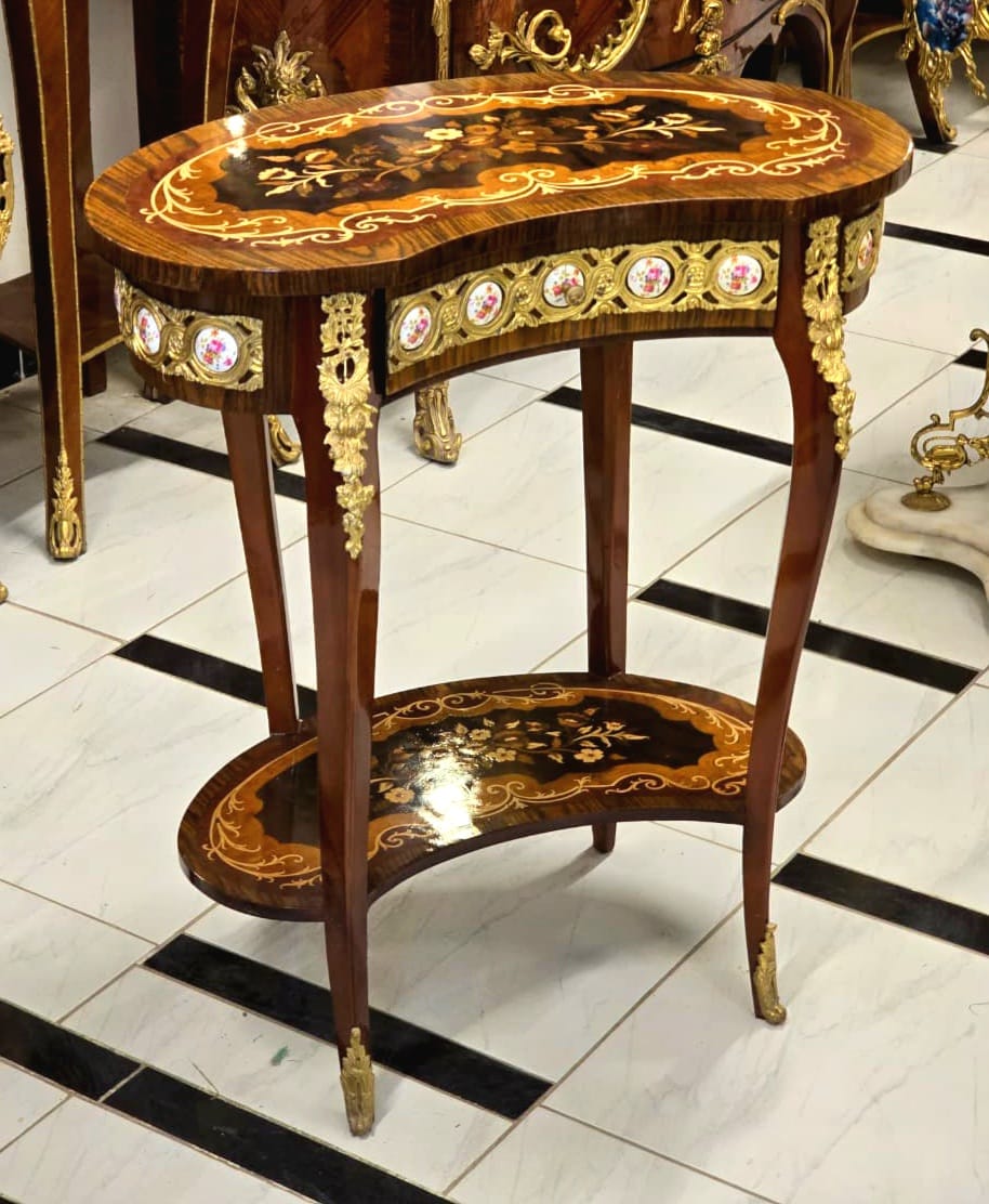 Romantic French Louis XV Floral Marquetry Side Table with Gold Leaf & Bronze Ormolu Accents
