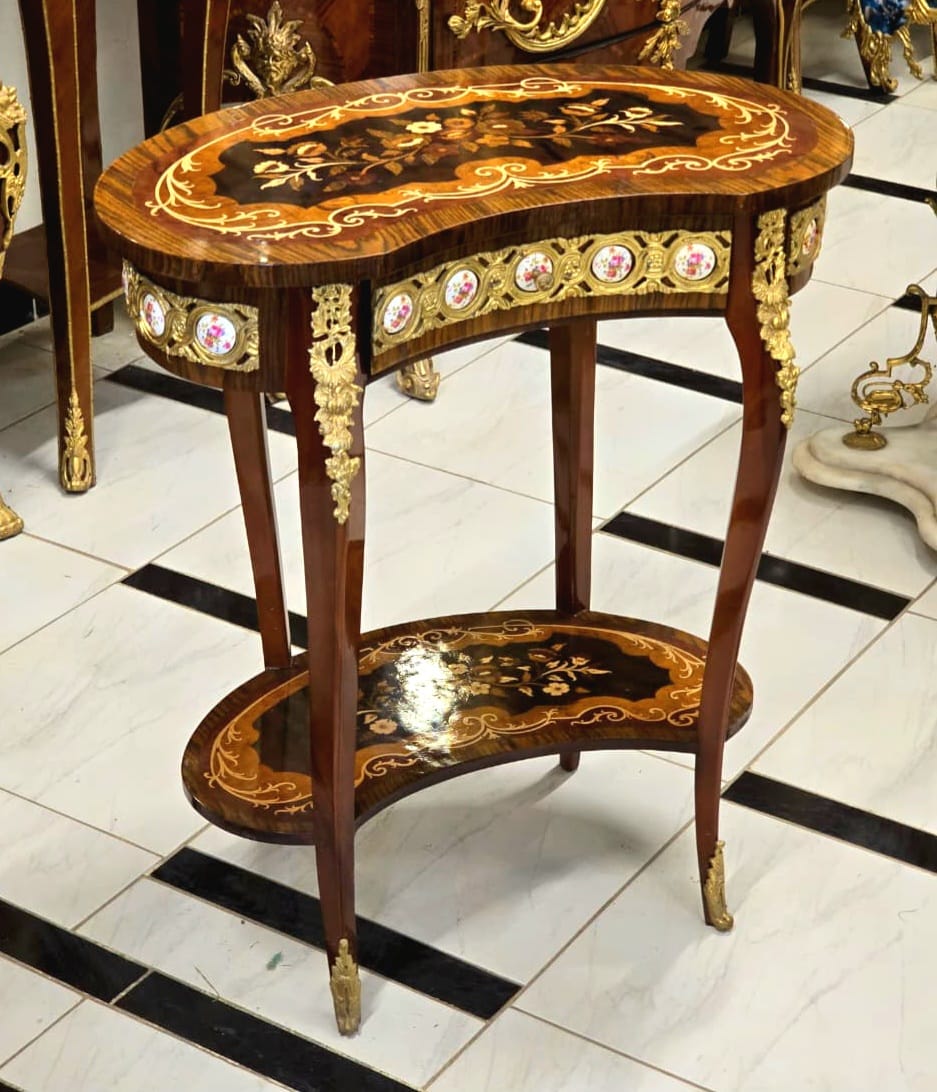 Romantic French Louis XV Floral Marquetry Side Table with Gold Leaf & Bronze Ormolu Accents