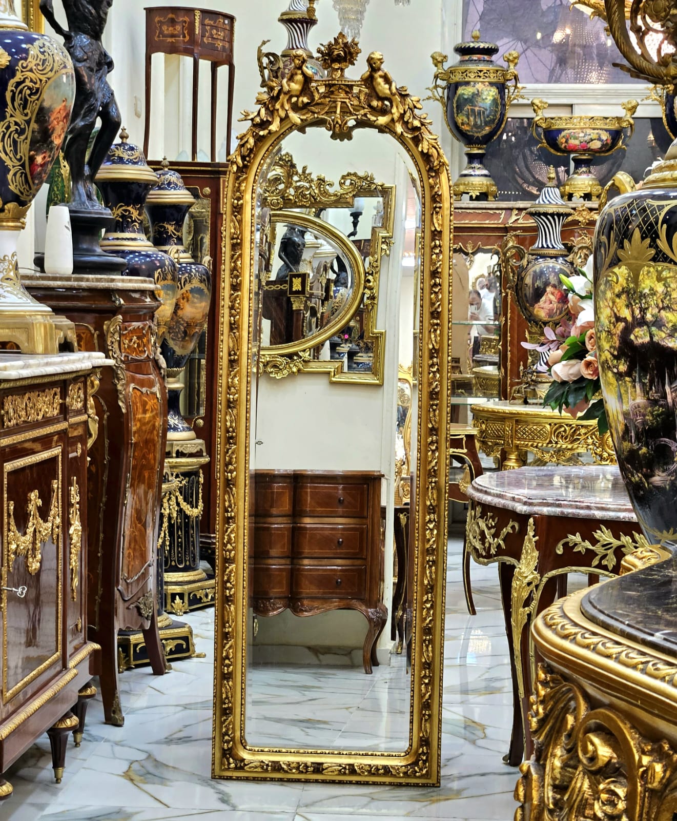 Grand French Louis XV Floor Mirror with Cherub Crest & Gold Leaf Frame