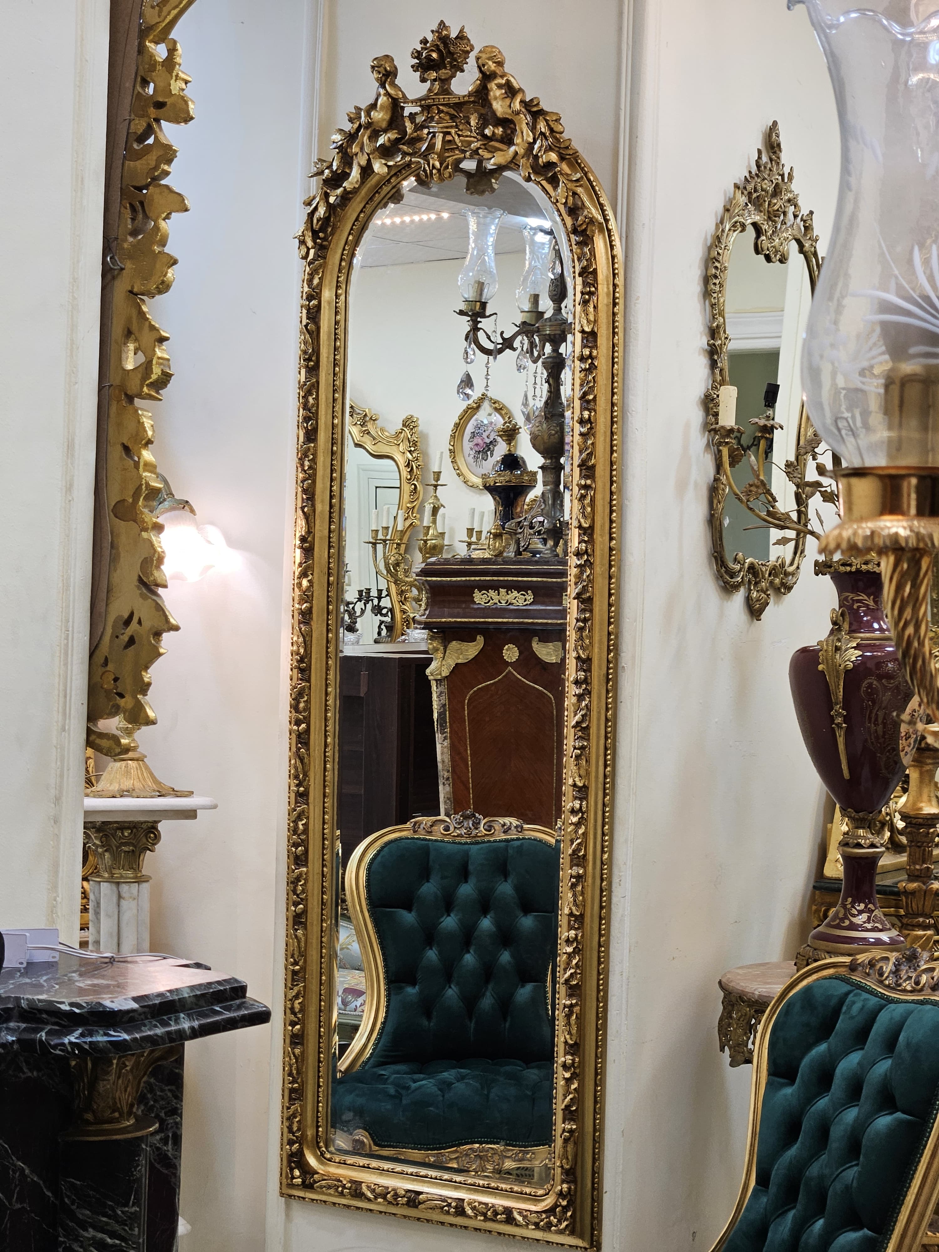 Grand French Louis XV Floor Mirror with Cherub Crest & Gold Leaf Frame