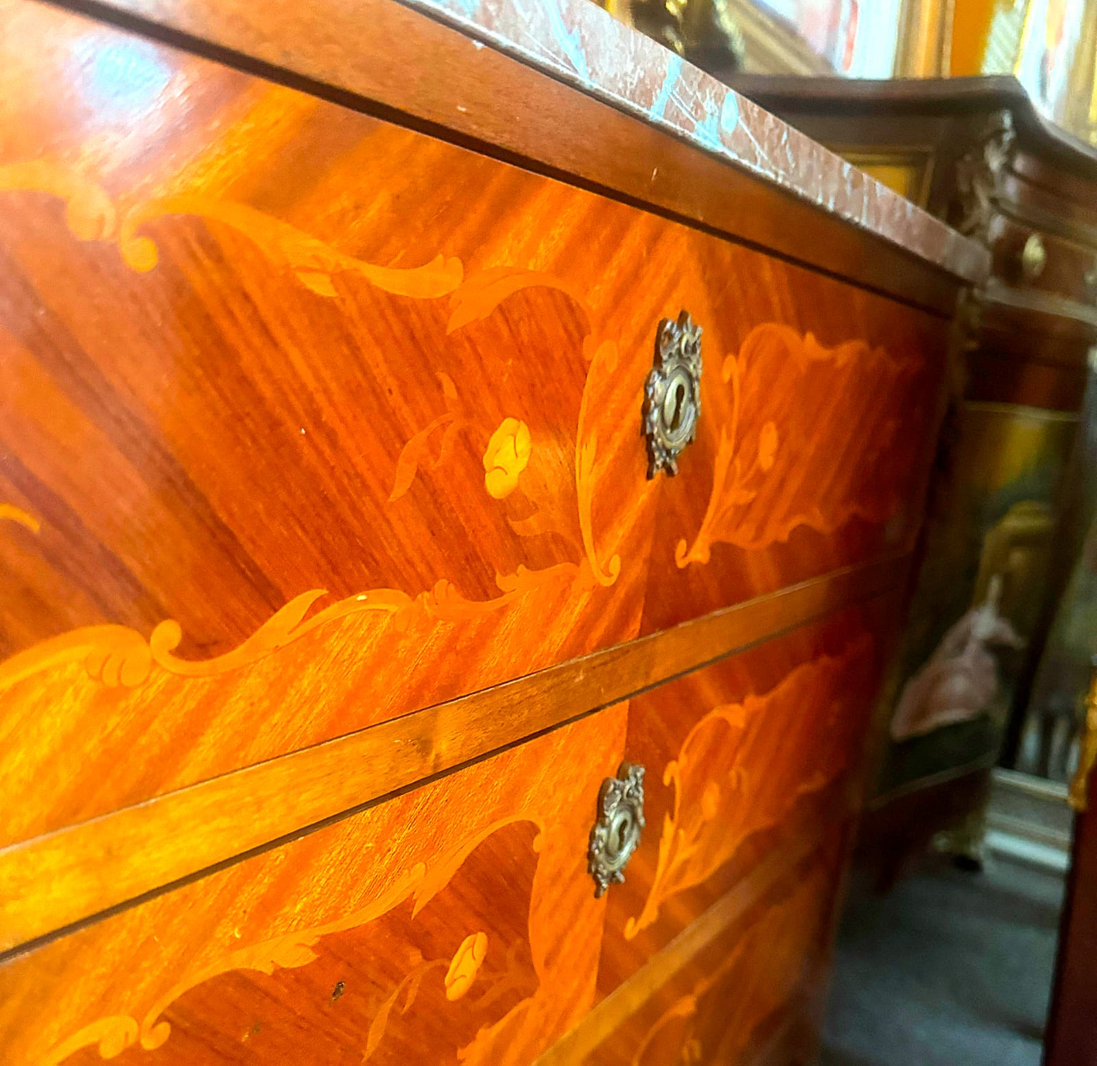 French Louis XV Marble Top Commode Chest – Floral Marquetry with Bronze Hardware | 32.5"W x 16"D x 30"H
