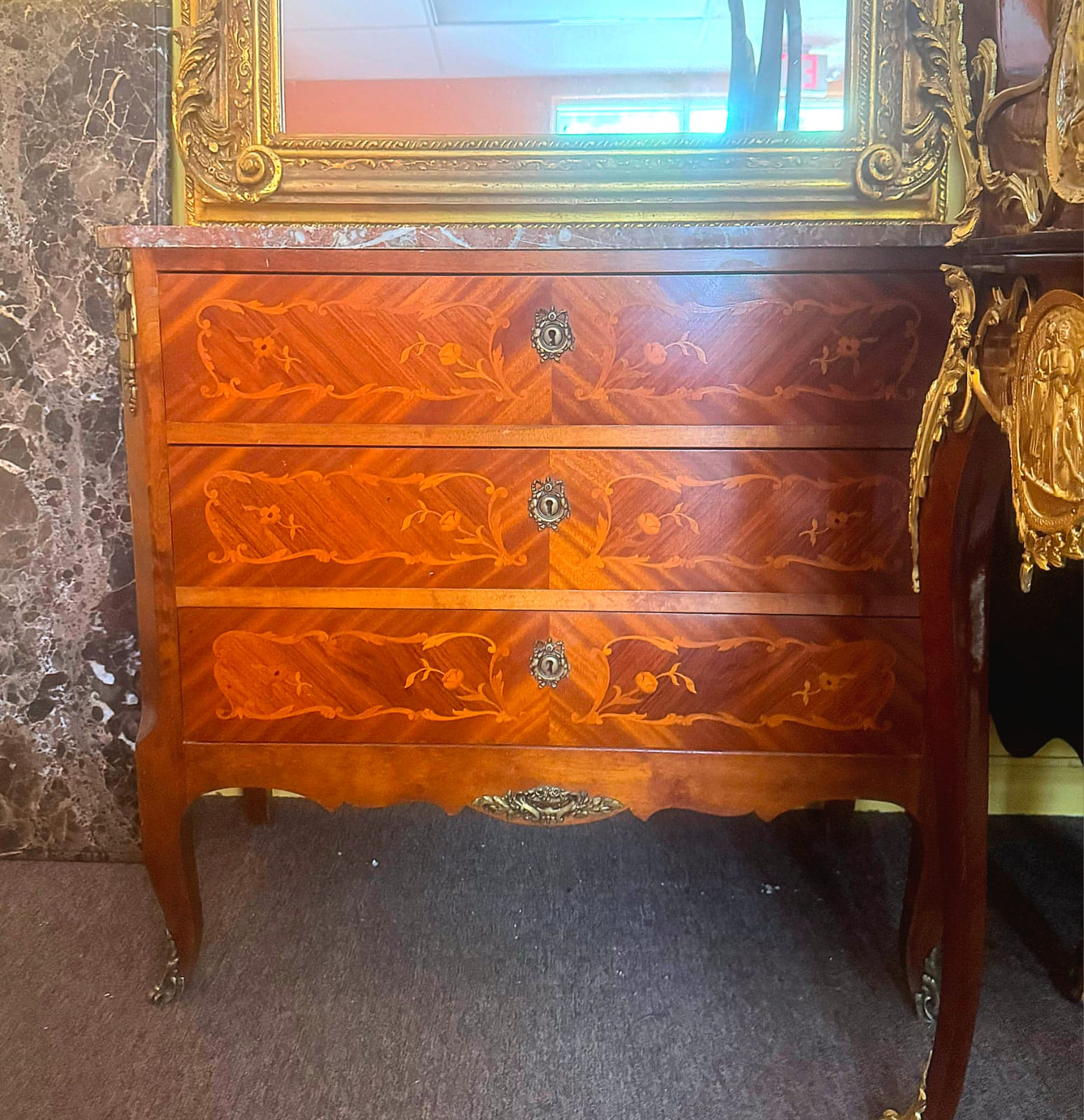 French Louis XV Marble Top Commode Chest – Floral Marquetry with Bronze Hardware | 32.5"W x 16"D x 30"H
