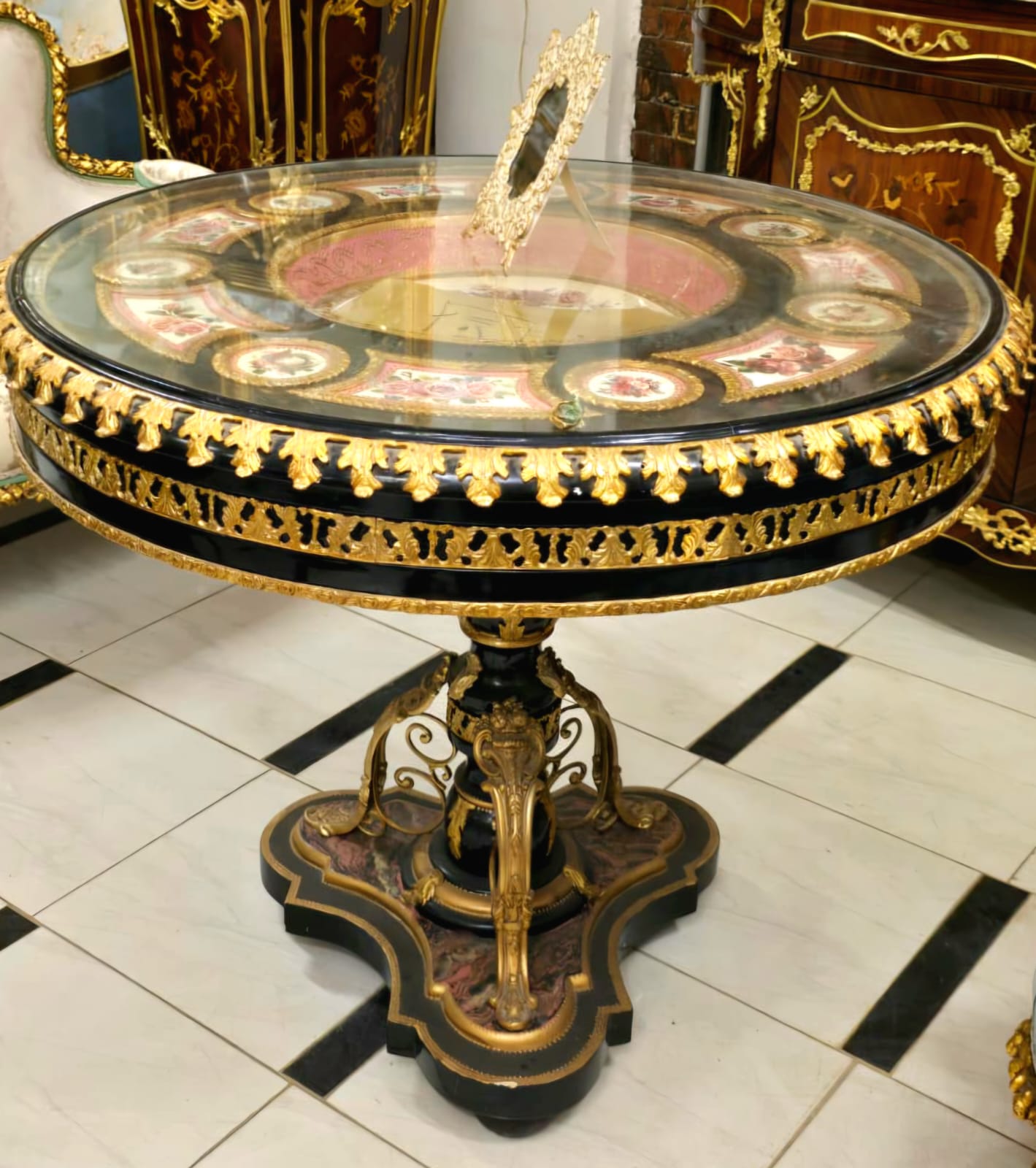 Monumental Rococo Round Dining Table with Gold Leaf Accents & Hand-Painted Decorative Insets