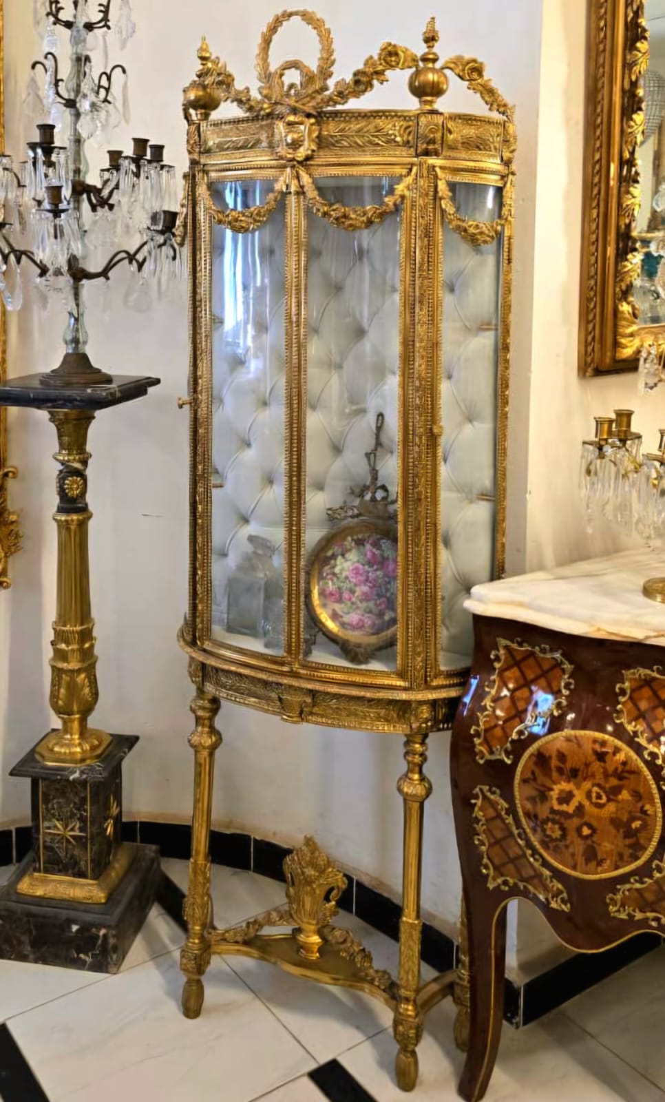 Grand French Louis XVI Curio Display Cabinet with Gold Leaf, Velvet Interior & Glass Showcase