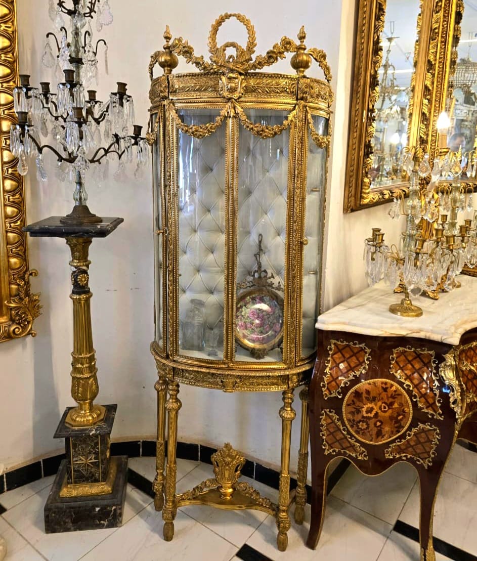 Grand French Louis XVI Curio Display Cabinet with Gold Leaf, Velvet Interior & Glass Showcase