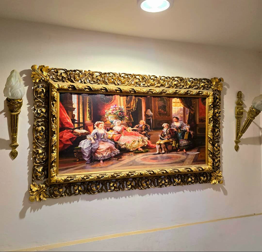 Romantic French Rococo Wall Art with Gilded Gold Leaf Frame – Victorian Salon Scene