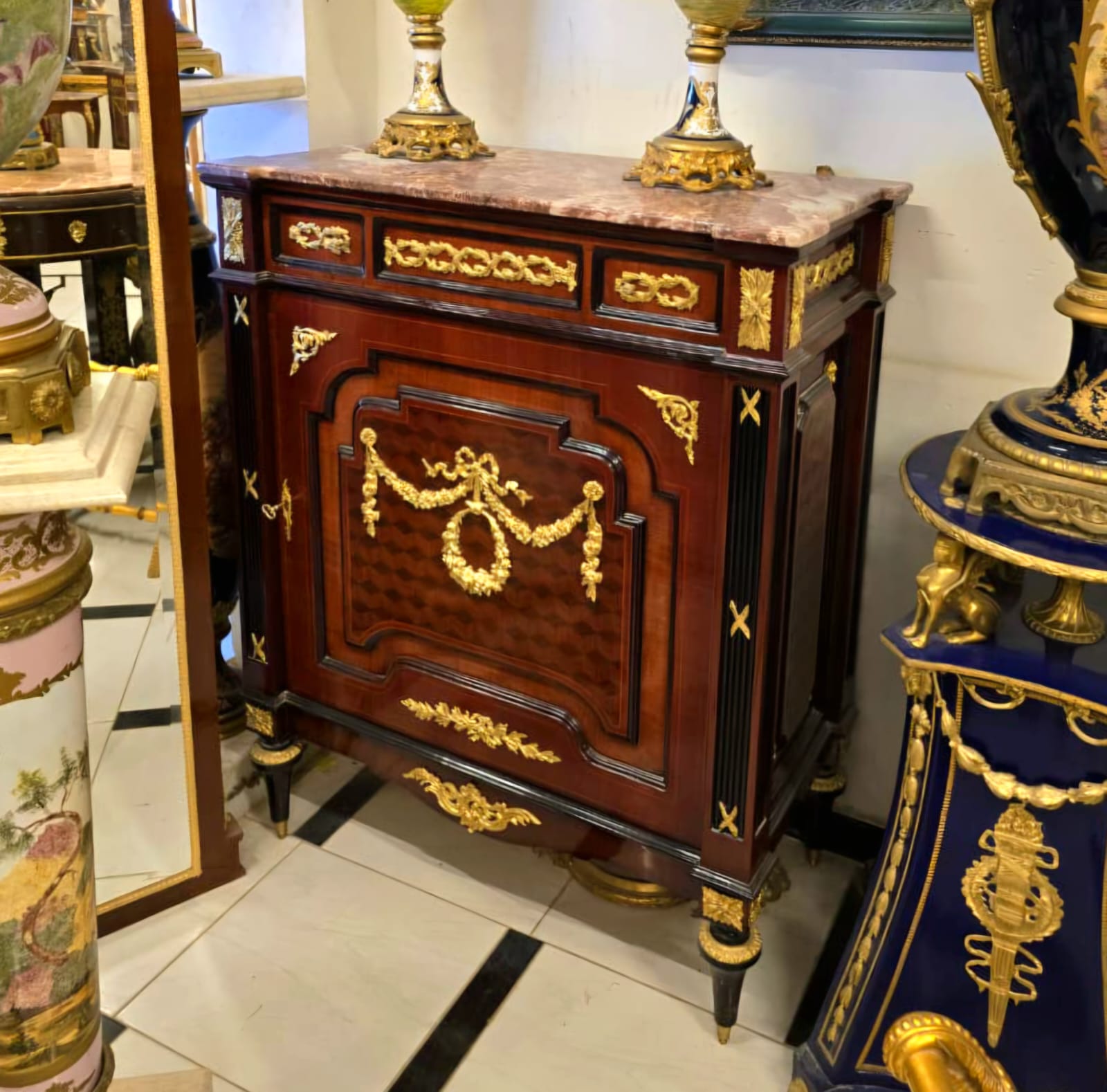 French Louis XVI Marble-Top Accent Cabinet with Fine Wood Inlays & Gold Leaf Details