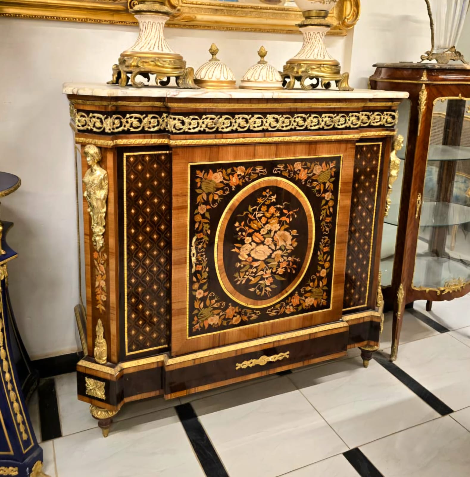 Grand French Louis XVI Marble-Top Cabinet with Floral Marquetry, Gilt Bronze Ormolu & Exotic Wood Inlays