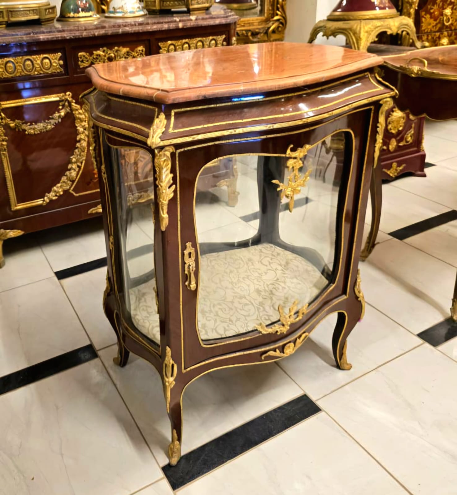 French Louis XV Marble-Top Curio Display Cabinet with Glass Panels & Gold Leaf Details