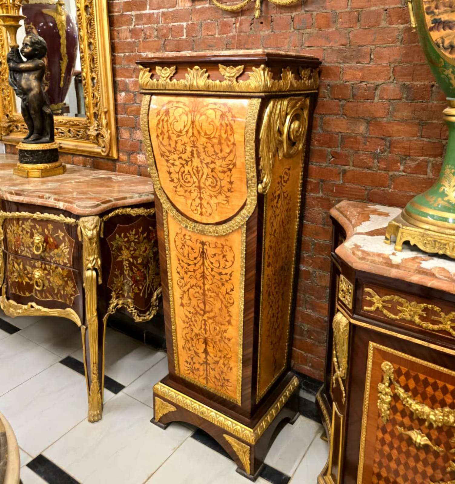 French Rococo Empire Pedestal Stand with Marble Top, Exotic Wood Veneers, Gold Leaf & Bronze Ormolu Accents
