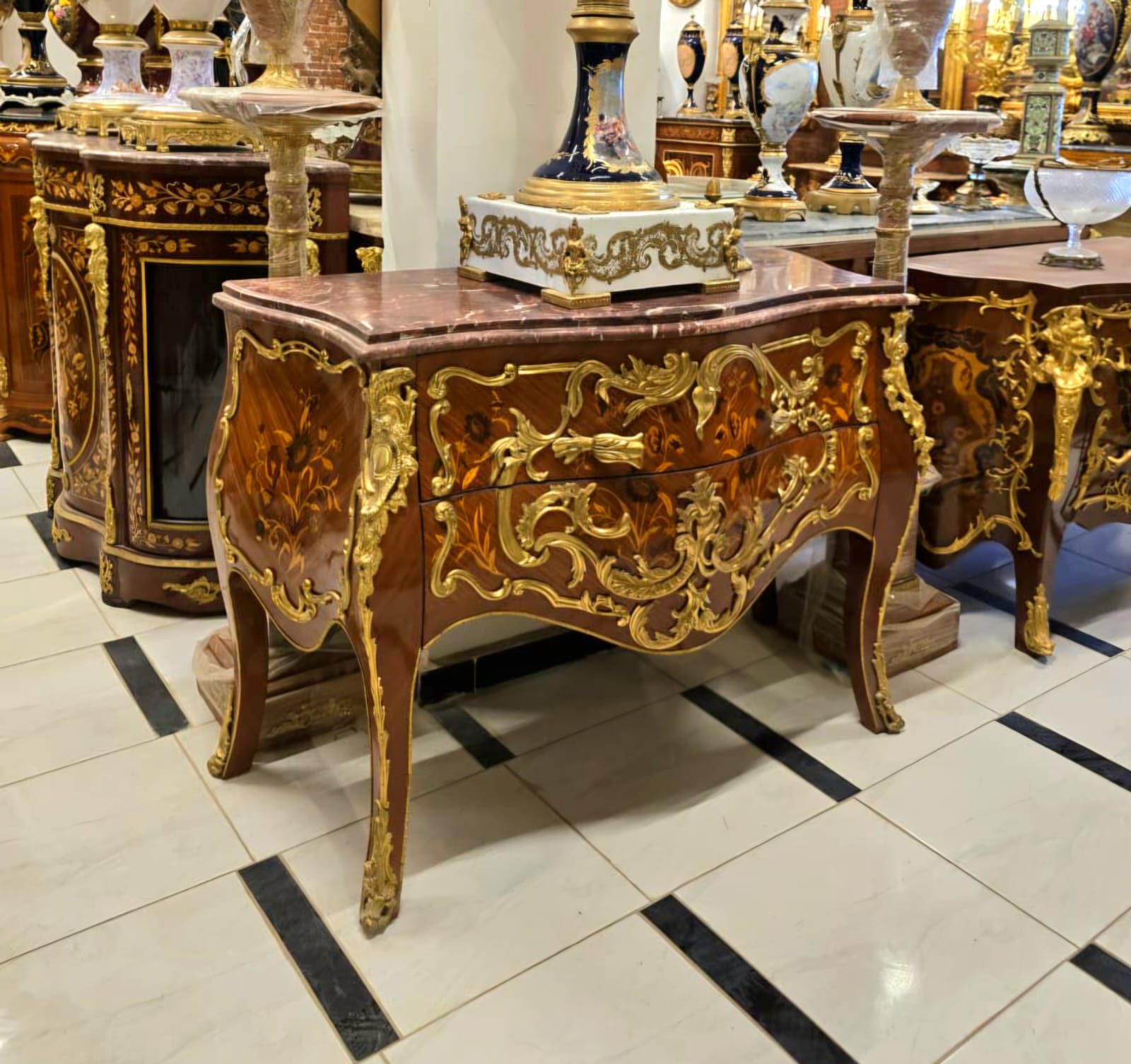 Grand French Louis XV Bombe Commode with Marble Top, Floral Marquetry & Gilt Bronze Ormolu