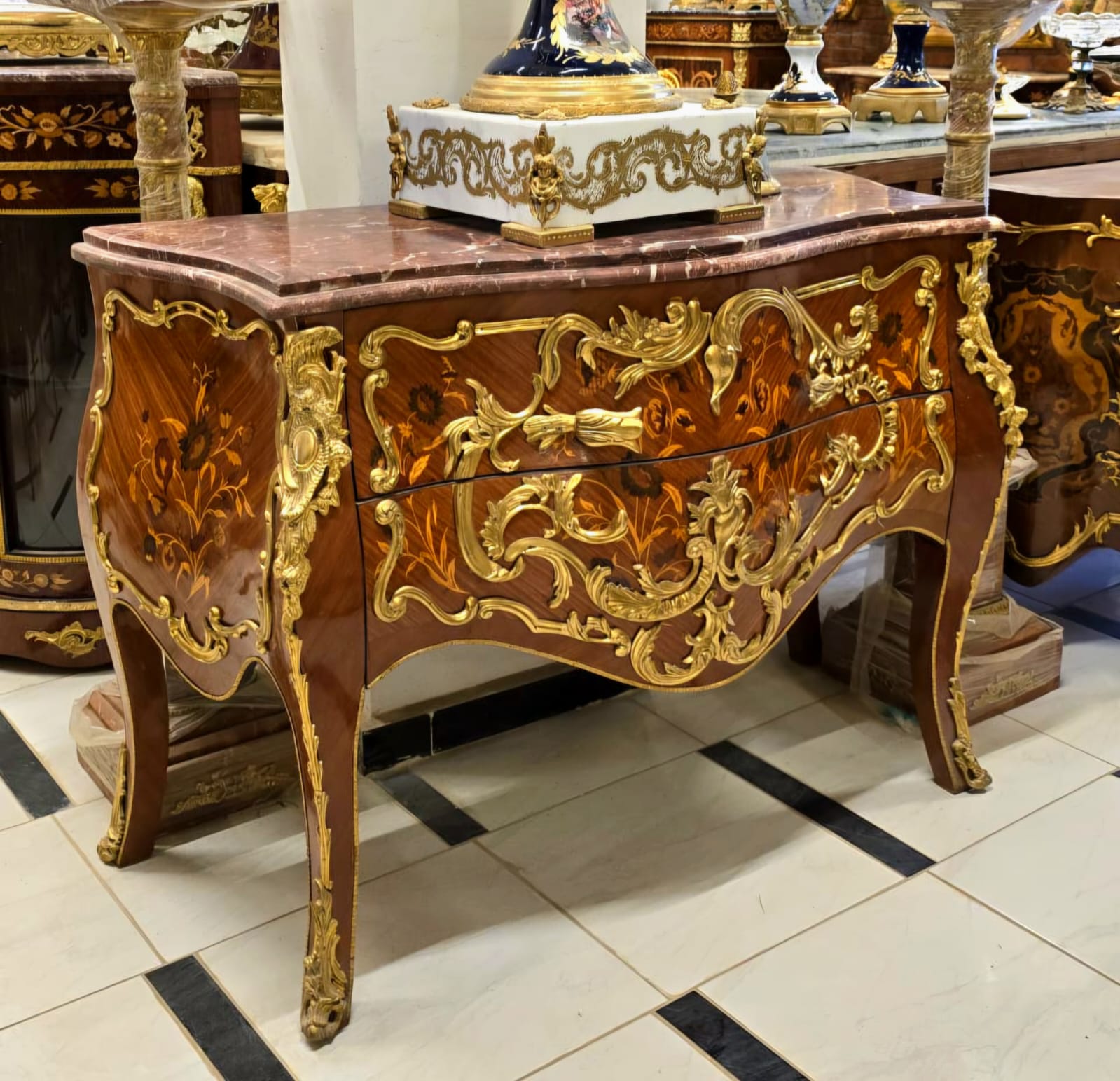 Grand French Louis XV Bombe Commode with Marble Top, Floral Marquetry & Gilt Bronze Ormolu