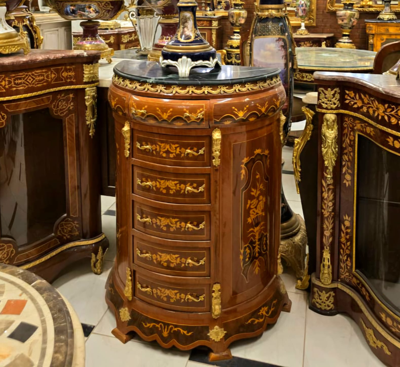 French Louis XVI Marble Top Semainier Chest with 5 Drawers, Floral Marquetry & Gold Leaf Details