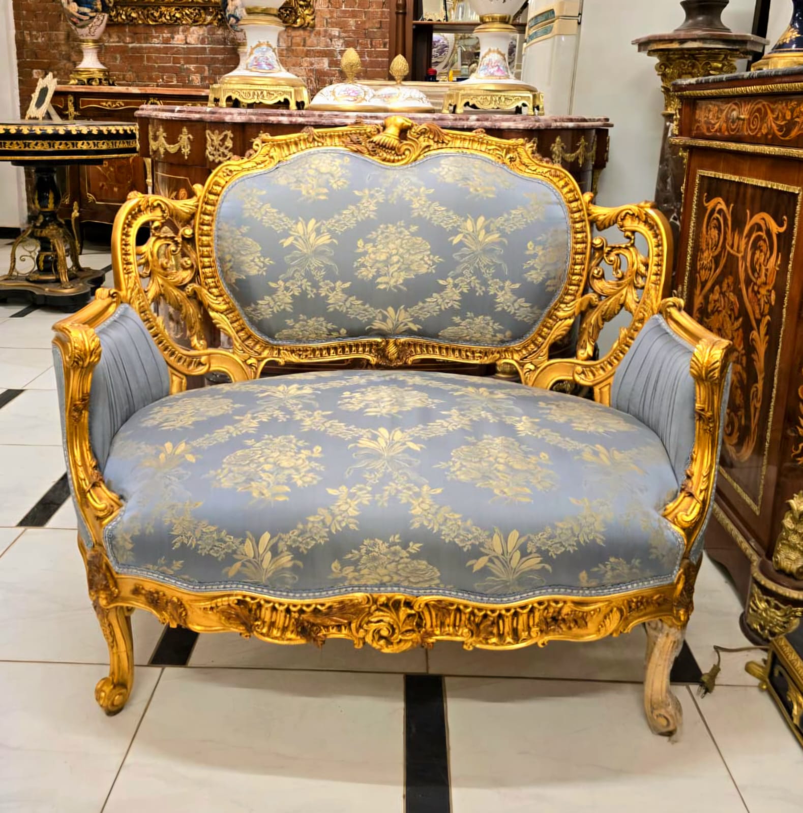 French Louis XV Blue Damask Sofa with Hand-Carved Gold Leaf Frame