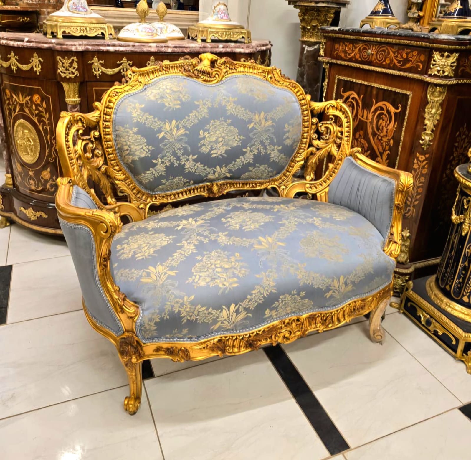 French Louis XV Blue Damask Sofa with Hand-Carved Gold Leaf Frame