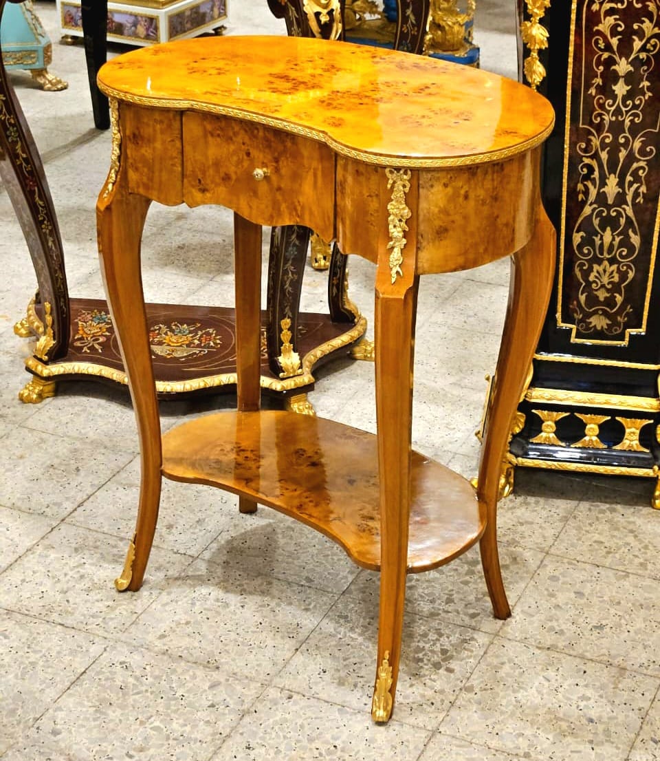 French Louis XV Burl Wood Side Table with Drawer, Bronze Ormolu & Gold Leaf Accents
