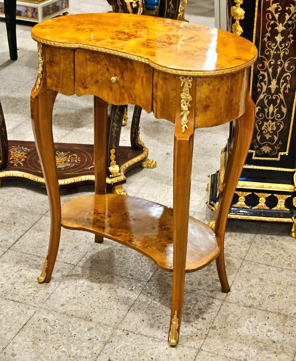 French Louis XV Burl Wood Side Table with Drawer, Bronze Ormolu & Gold Leaf Accents