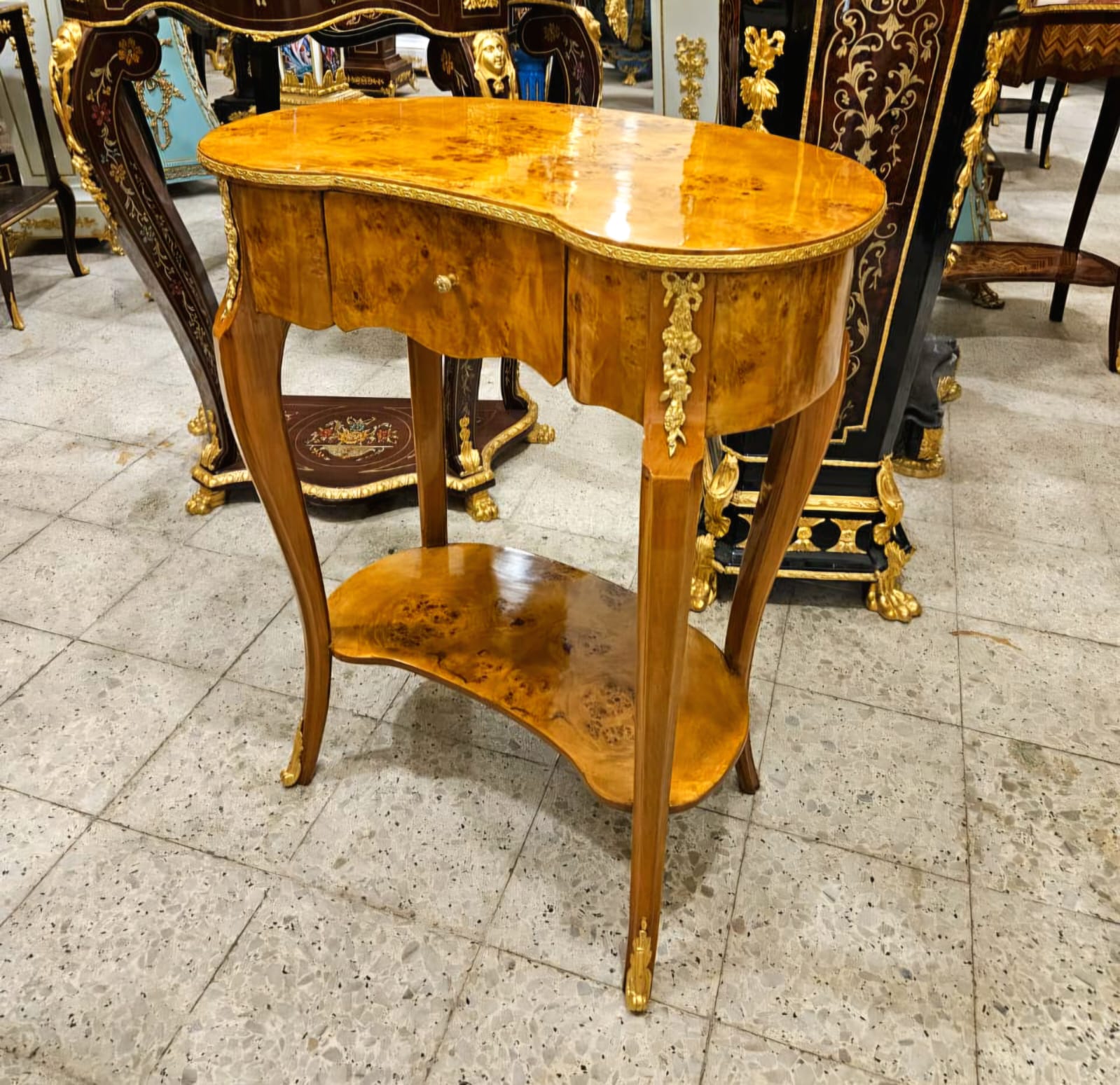 French Louis XV Burl Wood Side Table with Drawer, Bronze Ormolu & Gold Leaf Accents