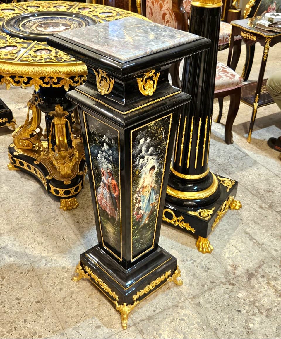 French Empire Black Pedestal with Marble Top, Hand-Painted Floral Panels, Gold Leaf & Bronze Ormolu