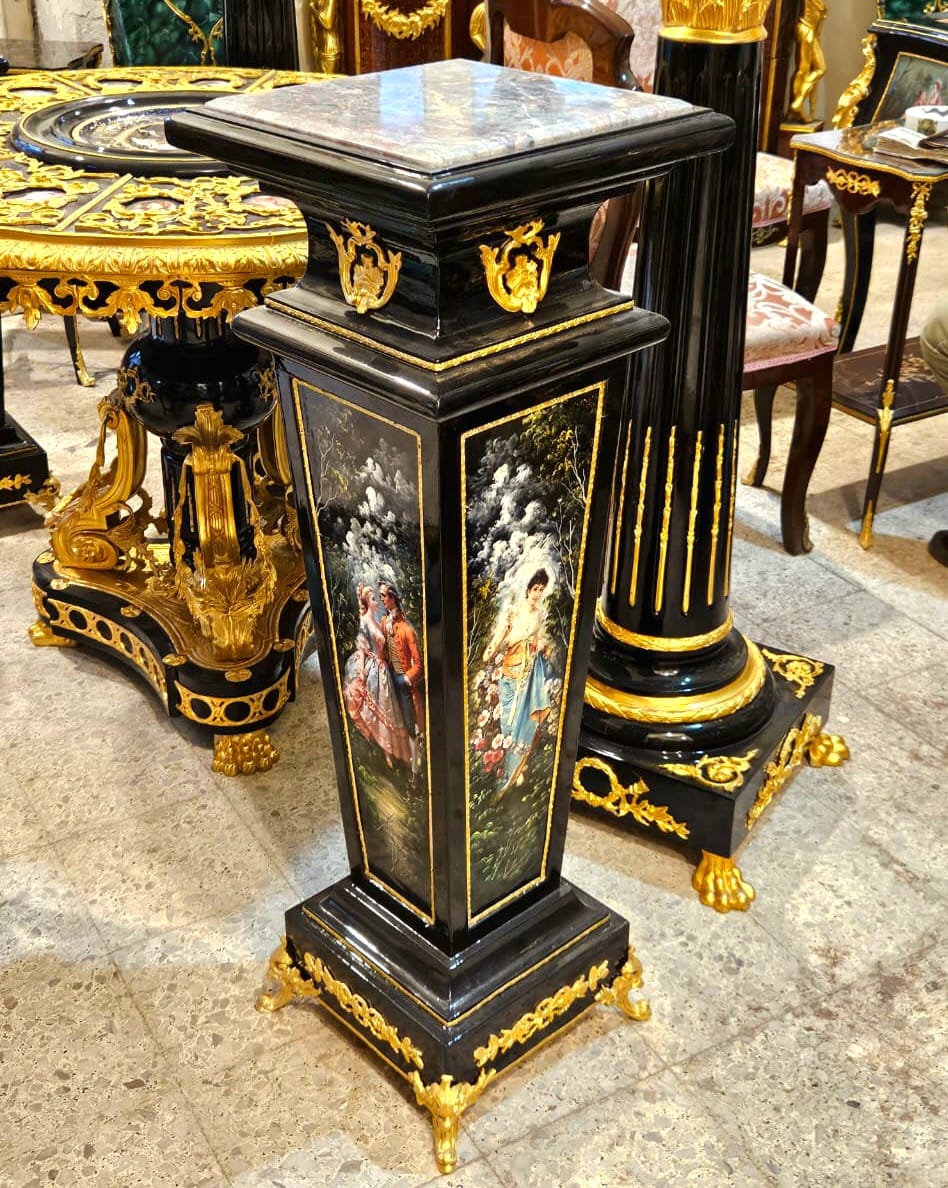 French Empire Black Pedestal with Marble Top, Hand-Painted Floral Panels, Gold Leaf & Bronze Ormolu
