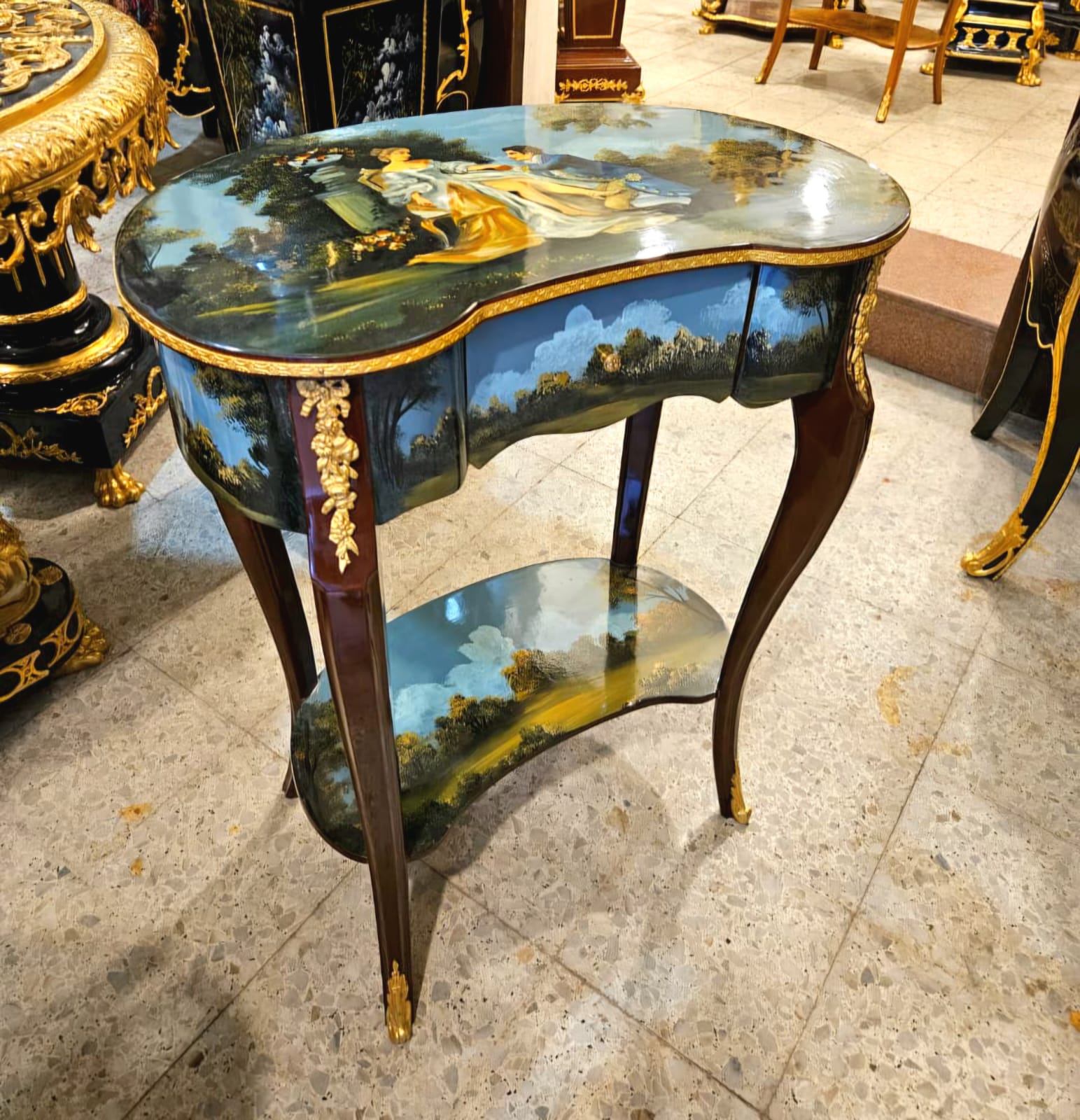 Hand-Painted French Louis XV Side Table with Romantic Scenic Artwork, Gold Leaf & Bronze Mounts